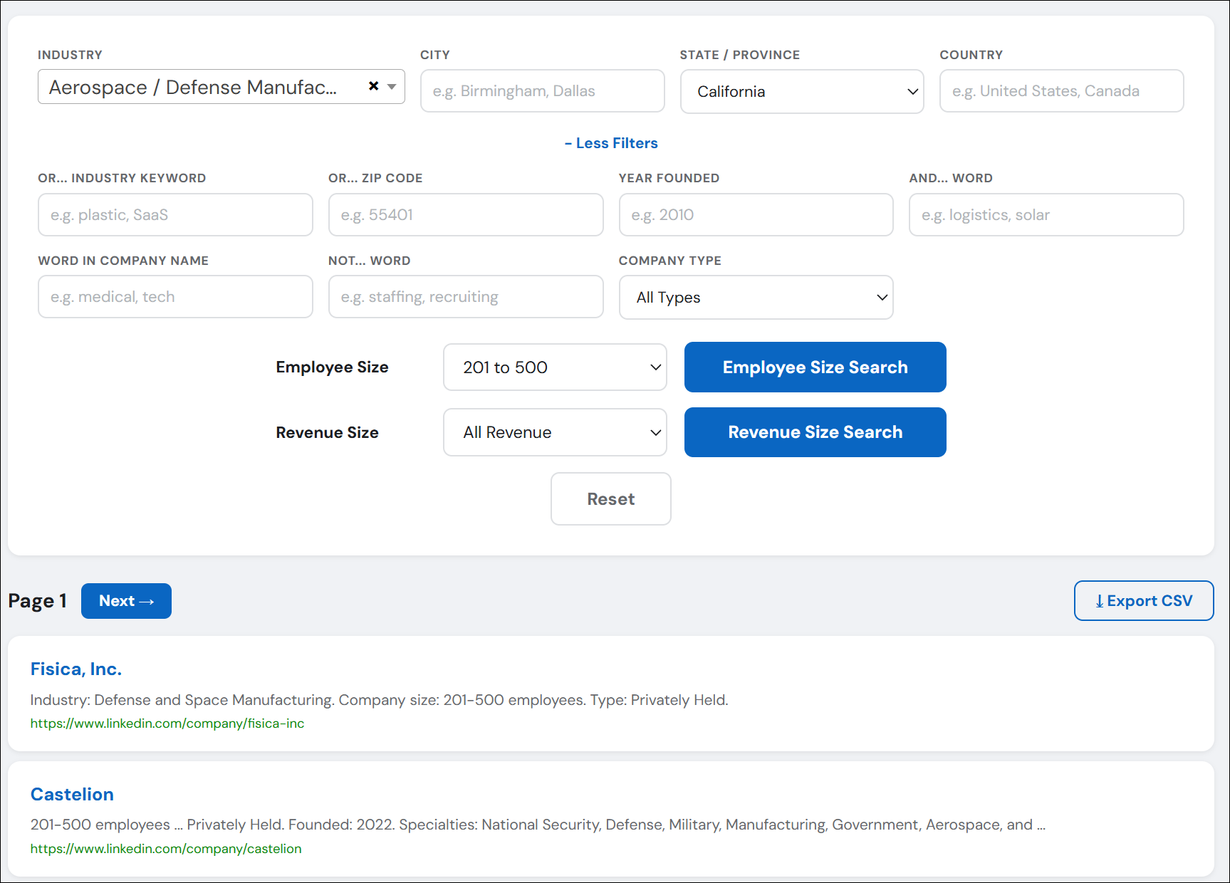 Company search filtered by industry, location, employee size, revenue