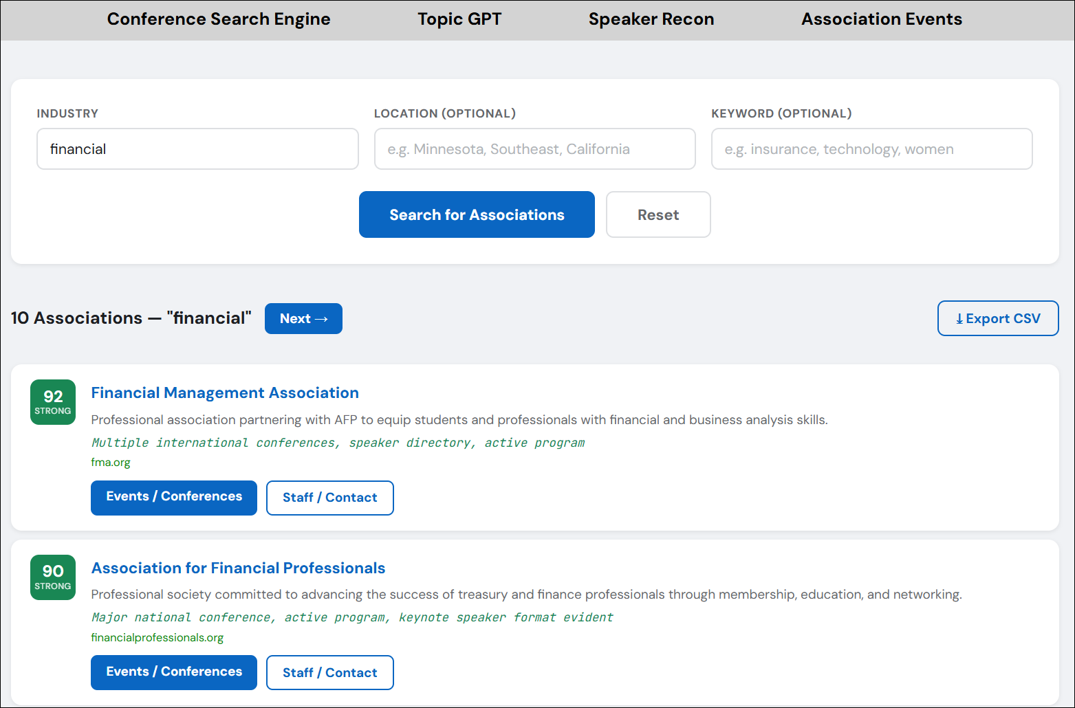 Association Events results with 92 STRONG and 90 STRONG relevance scores