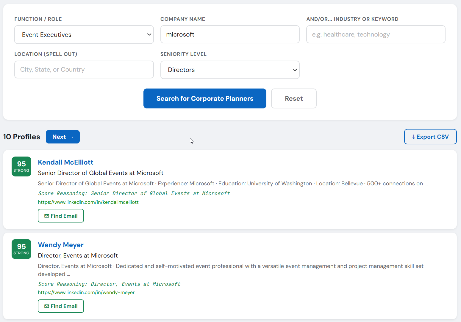 Find Event Decision Makers showing scored profiles with Find Email buttons