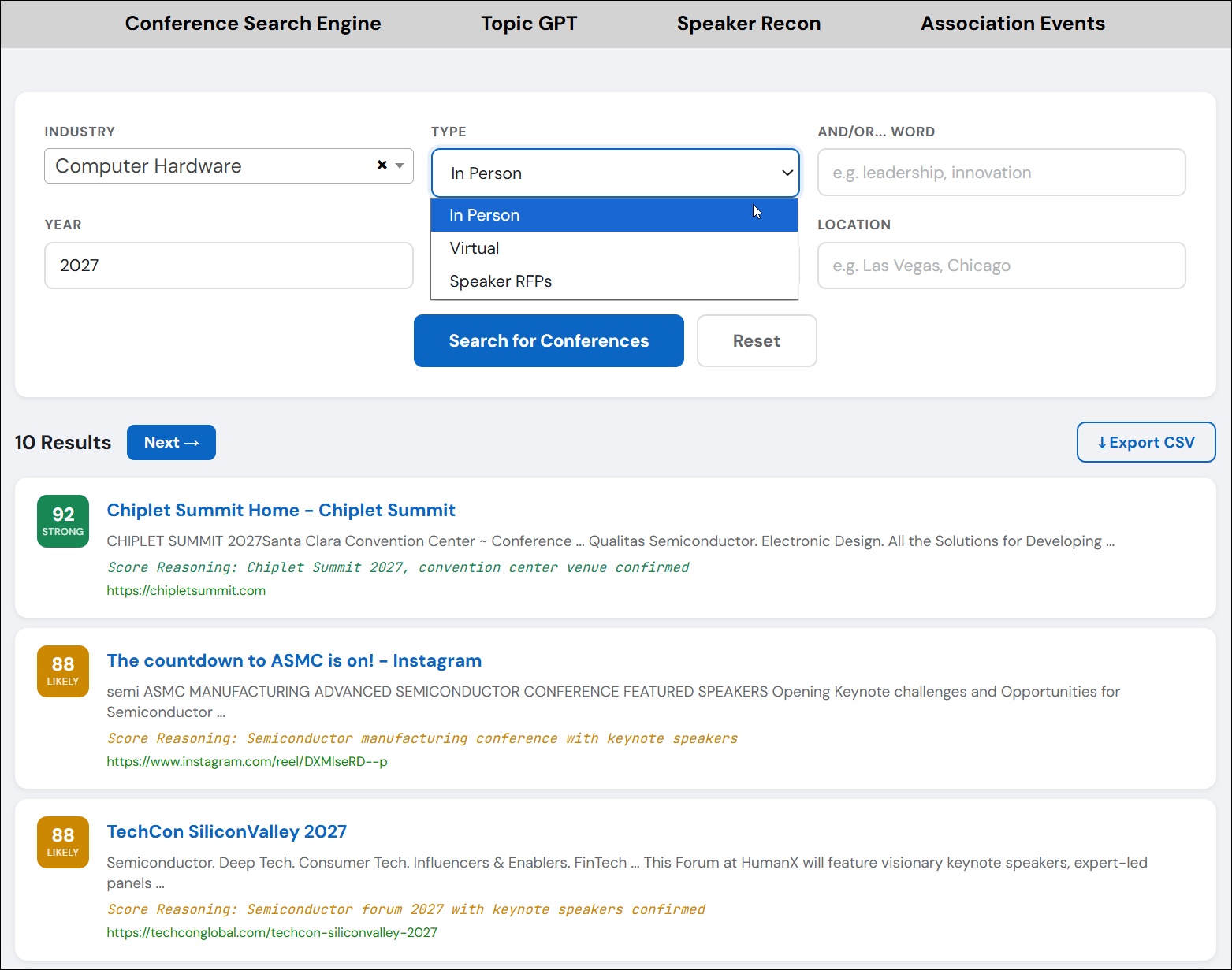 Conference Search Engine showing industry, type, year, and location filters with scored results