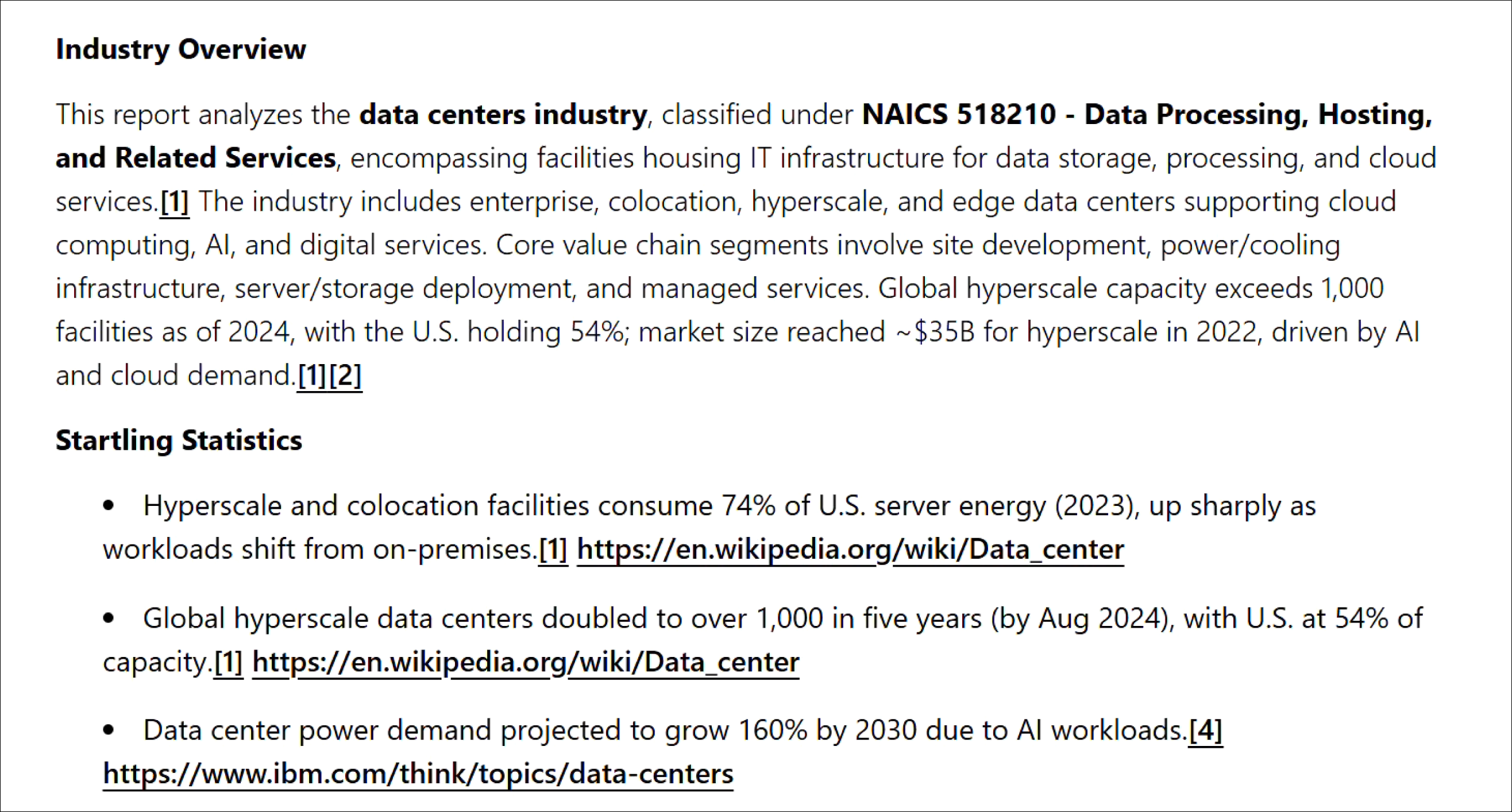 Industry Analysis with NAICS classification, startling statistics, and citations